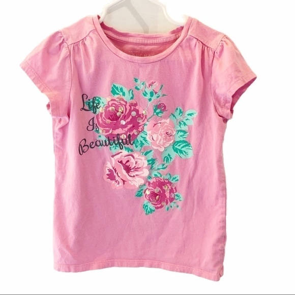 Sonoma  “Life is Beautiful “Floral Sequins Pink Tee. Size 6 - Picture 1 of 5